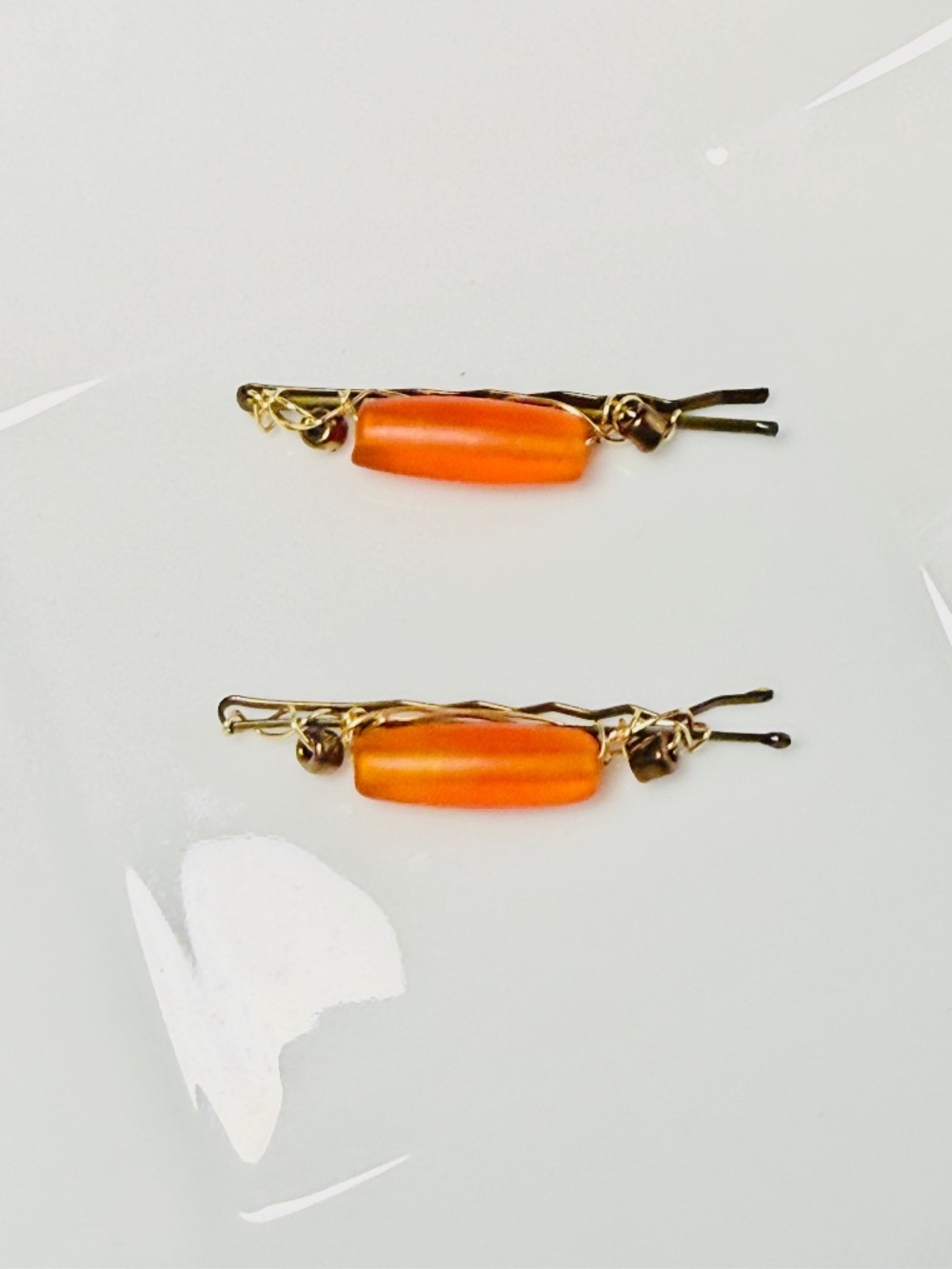 Orange Glass Tubes & Copper Seed beaded Bobby Pins
